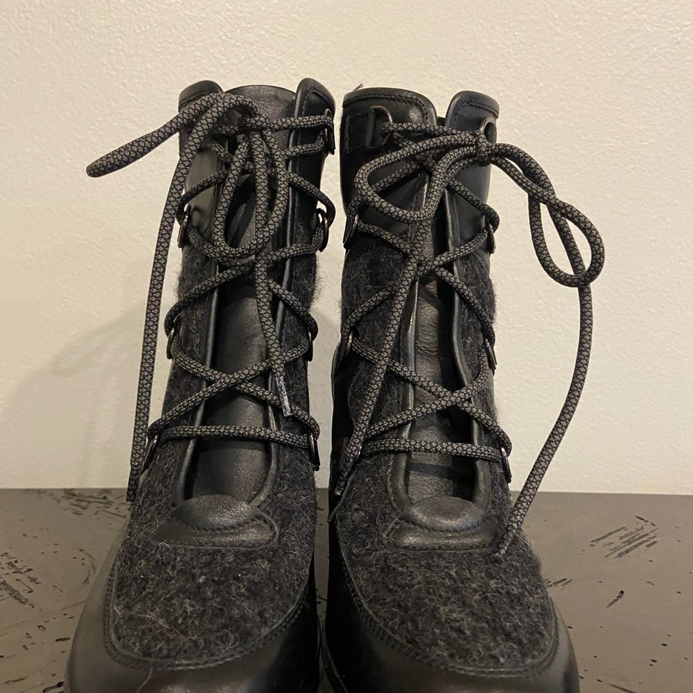 Dark Gray Heeled Boots with Lace-Up Design and Textured Fabric